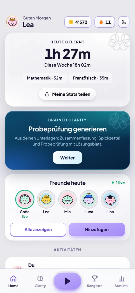 Startseite mit Lernzeit von heute, Streak und der Karte «Probeprüfung generieren»