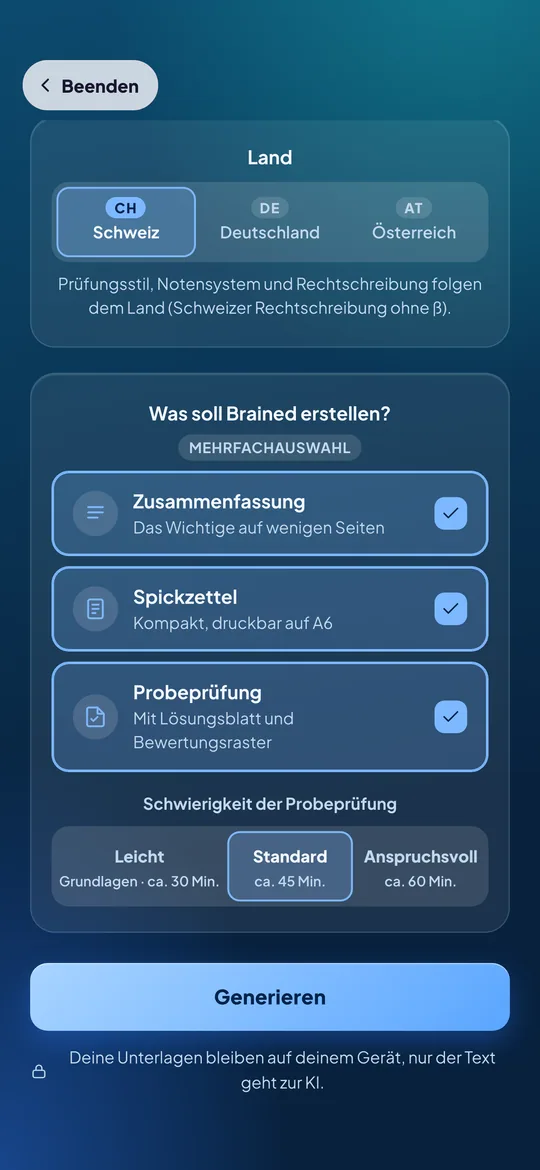 Generator-Formular mit Land, Typ-Auswahl und Knopf «Generieren»