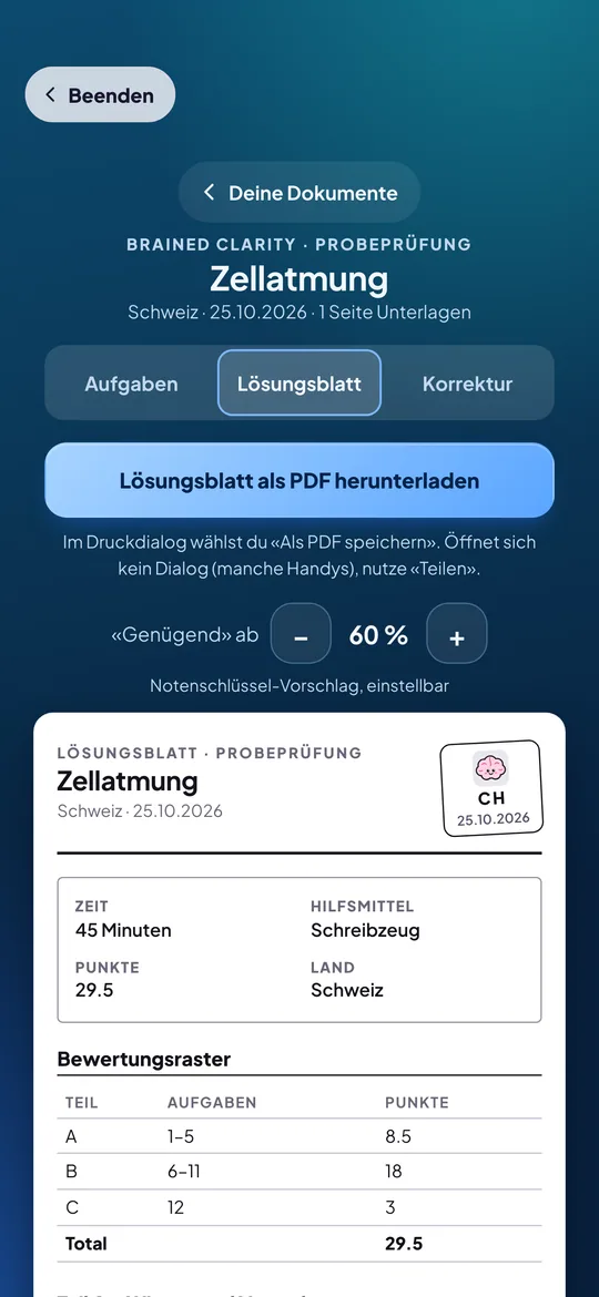 Lösungsblatt mit Bewertungsraster